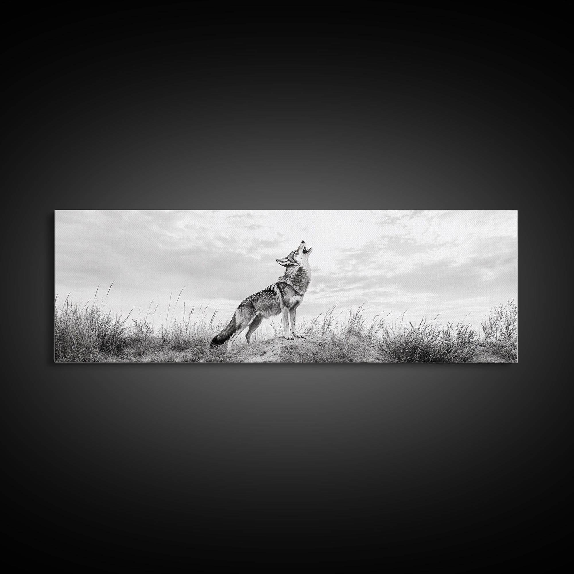 Lone Coyote, southwest wall art, wabi sabi art, extra wide art, moody art, landscape painting, framed canvas print, panoramic art