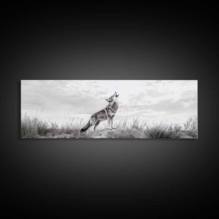 Lone Coyote, southwest wall art, wabi sabi art, extra wide art, moody art, landscape painting, framed canvas print, panoramic art