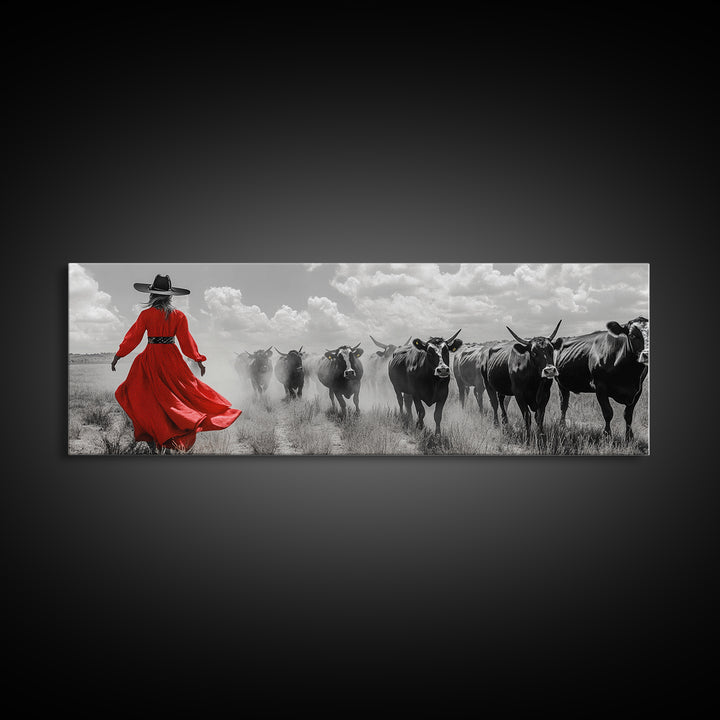 Cowgirl Herding Cattle, Western Art, Ranch Life Art, Black Cowgirl Painting, Rustic Wall Art, Panoramic Art, Canvas Print