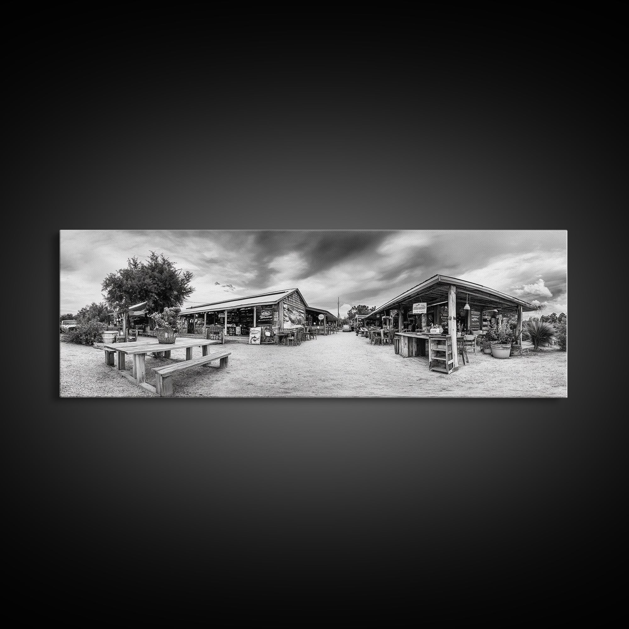 Rustic market, farmhouse art, country decor, panoramic art, extra wide art, rustic wall art, framed canvas print, landscape painting, wabi sabi art