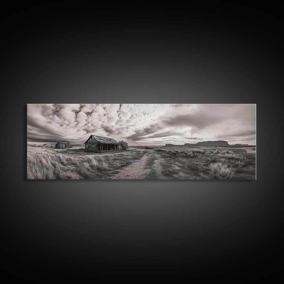 Abandoned cabin, western landscape, rustic wall art, panoramic art, extra wide art, southwest wall art, framed canvas print, farmhouse decor