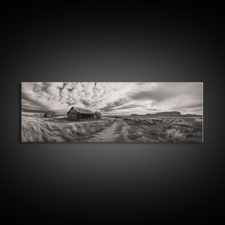 Abandoned cabin, western landscape, rustic wall art, panoramic art, extra wide art, southwest wall art, framed canvas print, farmhouse decor