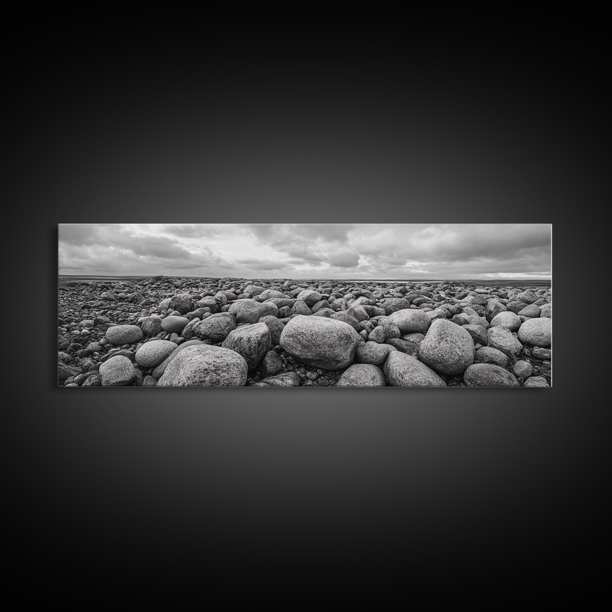 Rocky terrain, minimalist art, wabi sabi art, panoramic art, extra wide art, landscape painting, framed canvas print, moody art, rustic decor