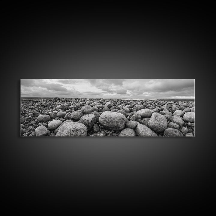 Rocky terrain, minimalist art, wabi sabi art, panoramic art, extra wide art, landscape painting, framed canvas print, moody art, rustic decor
