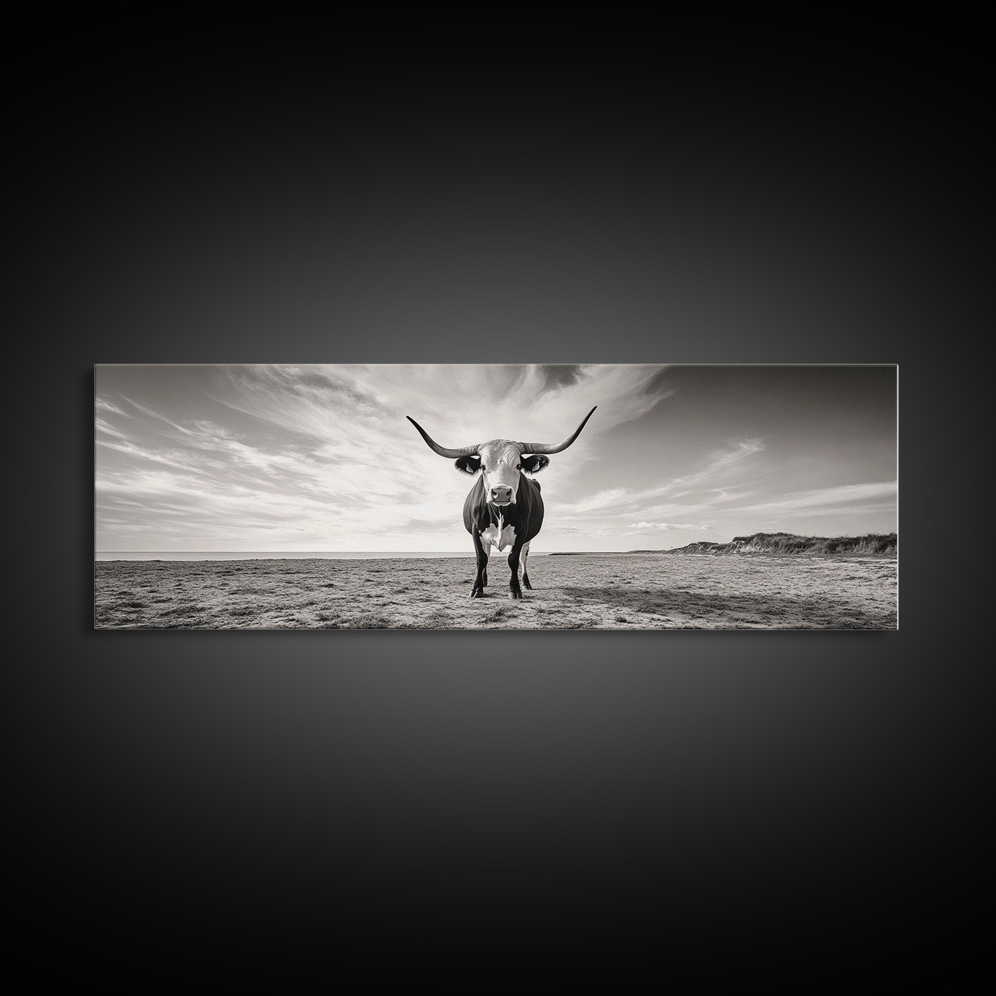 Longhorn, western landscape, bull and bear art, panoramic art, extra wide art, rustic wall art, framed canvas print, farmhouse decor, moody art