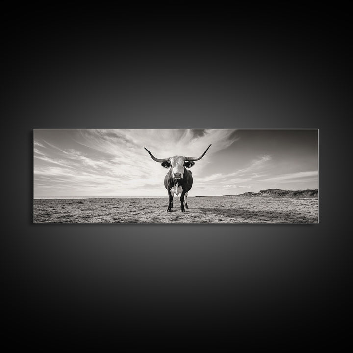 Longhorn, western landscape, bull and bear art, panoramic art, extra wide art, rustic wall art, framed canvas print, farmhouse decor, moody art