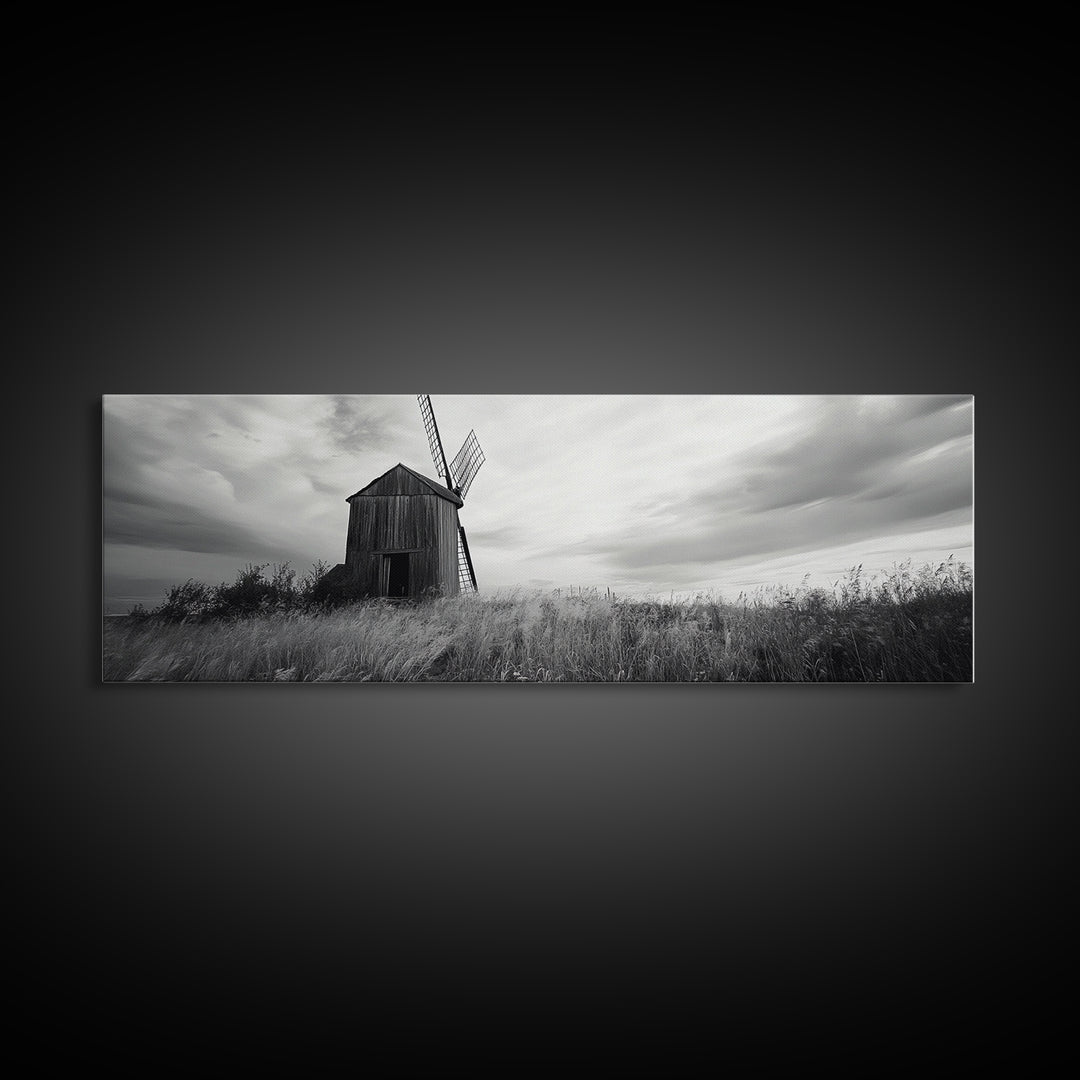 Rustic Windmill, panoramic art, farmhouse art, extra wide wall art, windmill wall art, landscape painting, framed canvas print