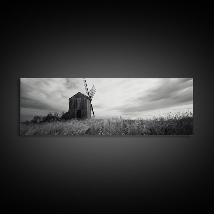 Rustic Windmill, panoramic art, farmhouse art, extra wide wall art, windmill wall art, landscape painting, framed canvas print