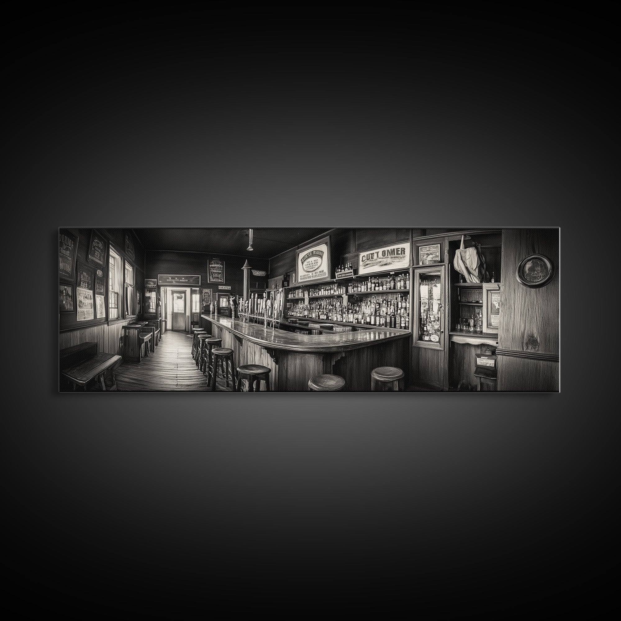 Western Saloon, rustic wall art, extra wide art, panoramic art, farmhouse art, bar decor, moody art, framed canvas print, above sofa art