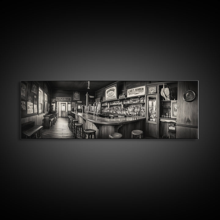 Western Saloon, rustic wall art, extra wide art, panoramic art, farmhouse art, bar decor, moody art, framed canvas print, above sofa art