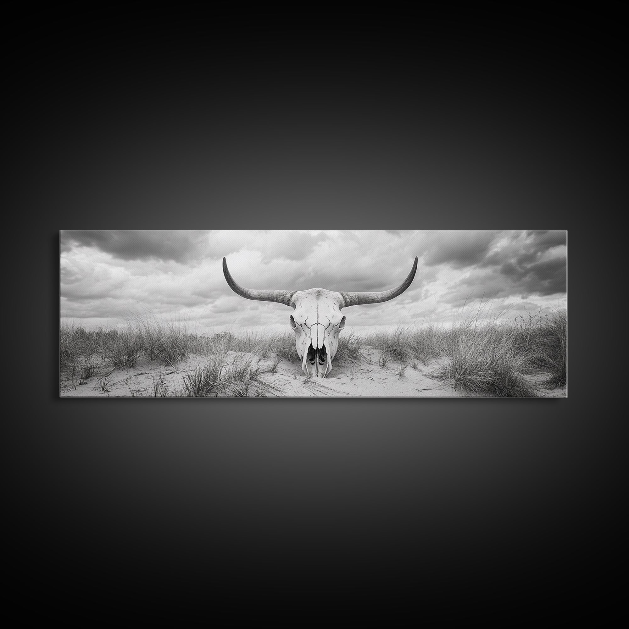 Longhorn Skull, skull art, western wall art, rustic decor, moody art, desert painting, farmhouse art, panoramic art, framed canvas print
