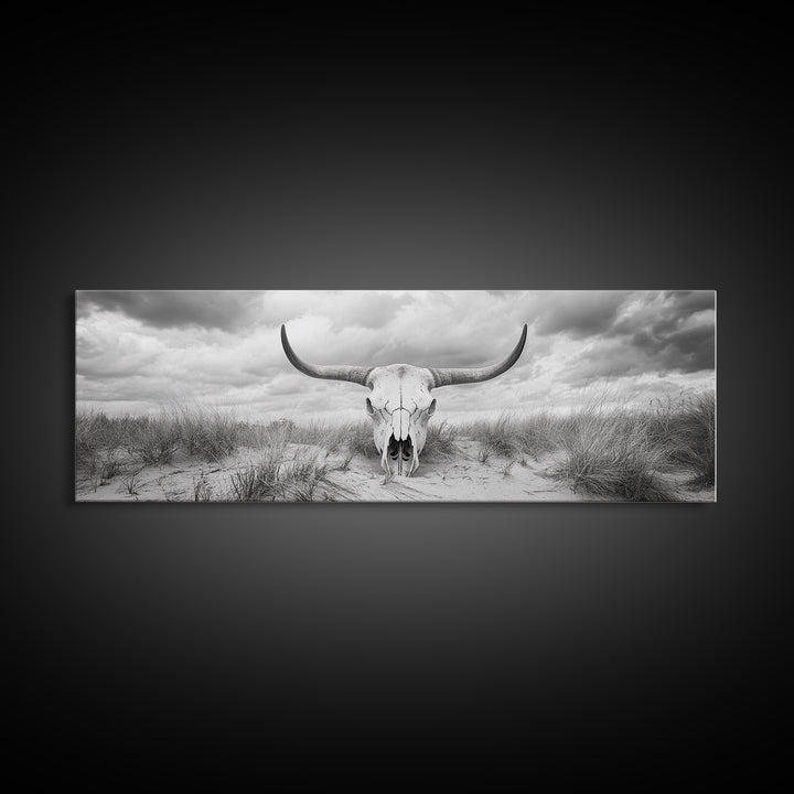 Longhorn Skull, skull art, western wall art, rustic decor, moody art, desert painting, farmhouse art, panoramic art, framed canvas print
