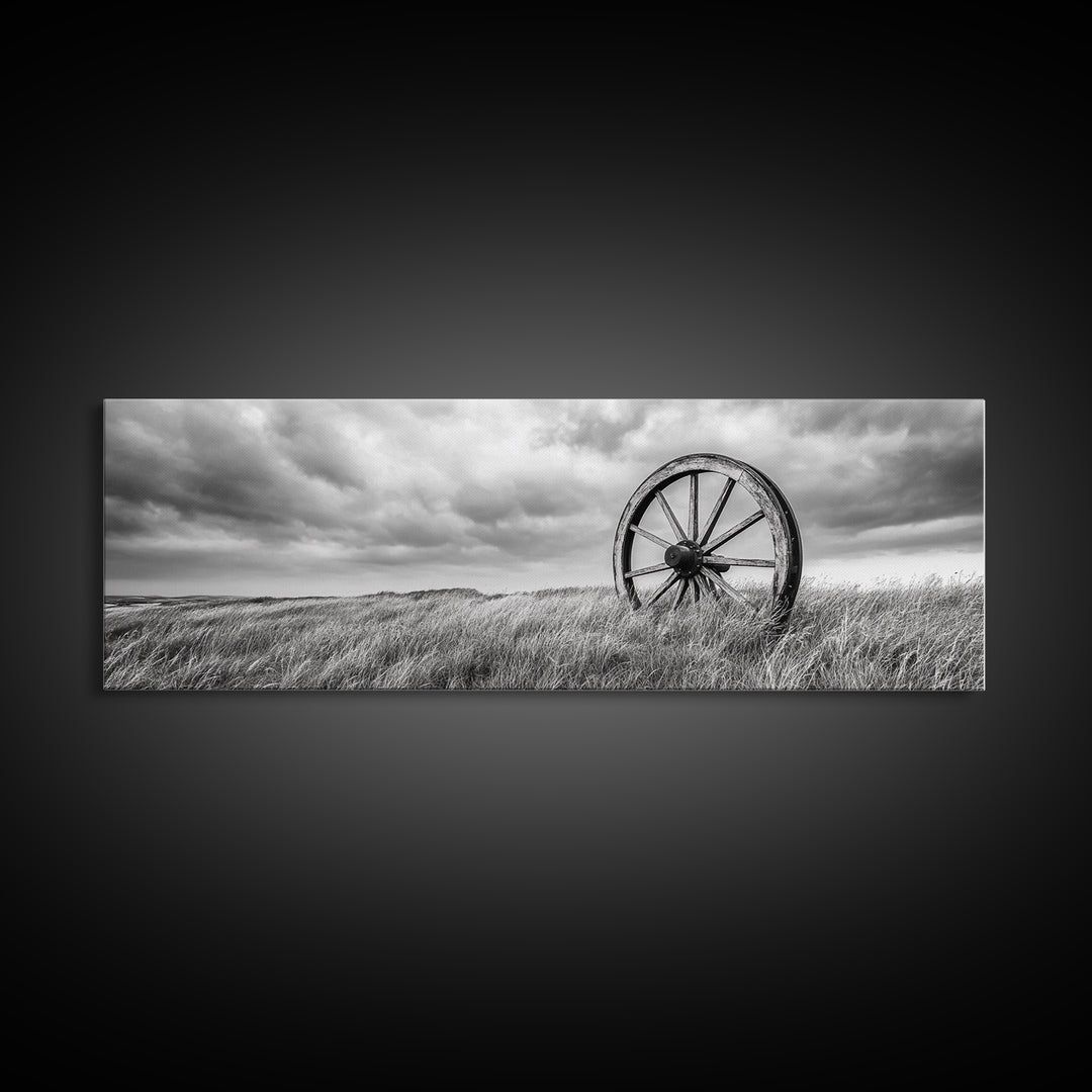Wagon Wheel, rustic decor, farmhouse art, extra wide art, panoramic painting, country decor, cowboy art, framed canvas print, moody art