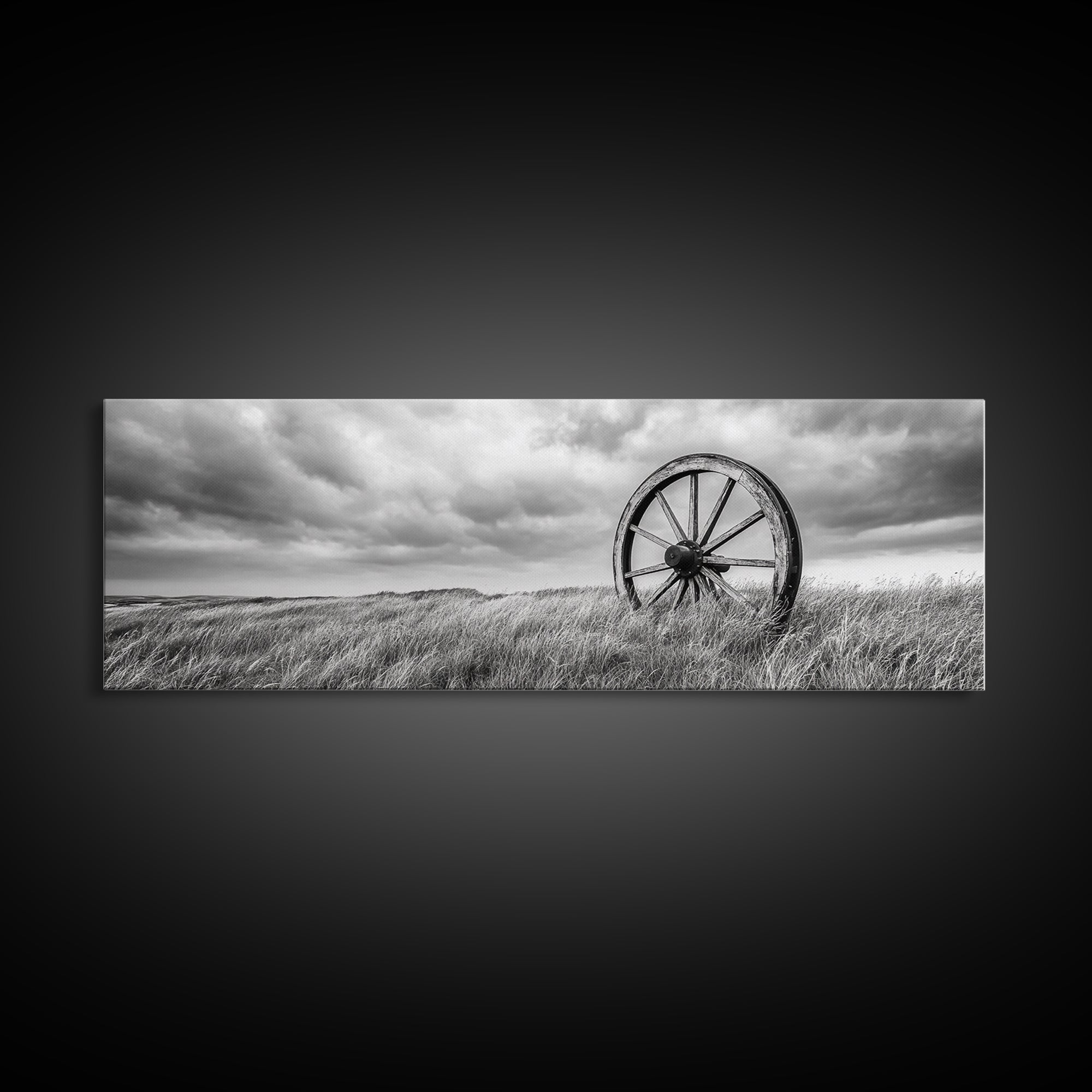 Wagon Wheel, rustic decor, farmhouse art, extra wide art, panoramic painting, country decor, cowboy art, framed canvas print, moody art