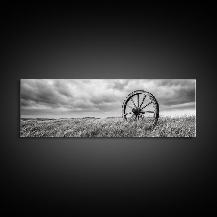 Wagon Wheel, rustic decor, farmhouse art, extra wide art, panoramic painting, country decor, cowboy art, framed canvas print, moody art