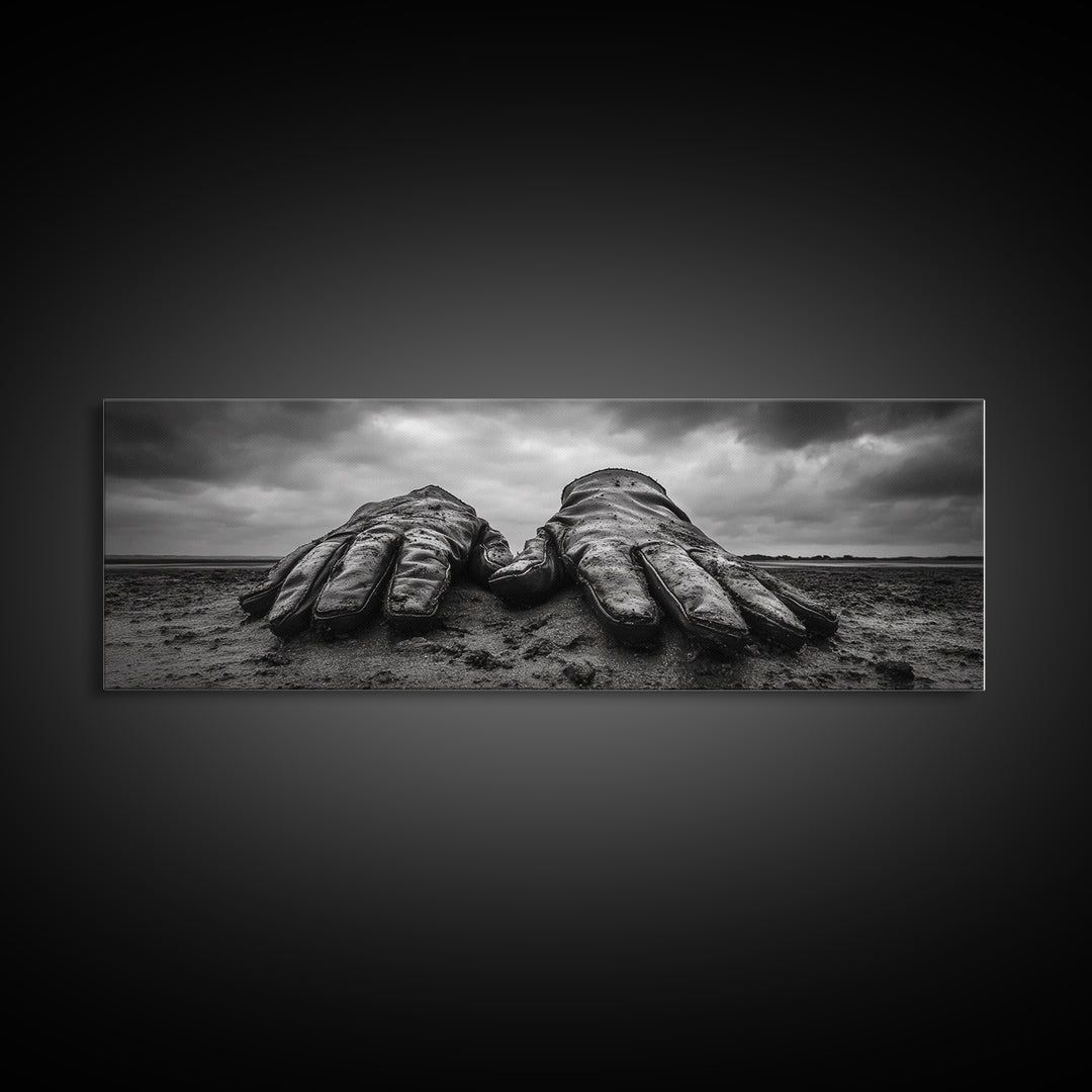 Leather Work Gloves, rustic wall art, moody art, wabi sabi art, extra wide art, panoramic art, farmhouse art, framed canvas print, cowboy art