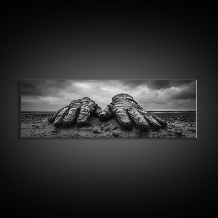 Leather Work Gloves, rustic wall art, moody art, wabi sabi art, extra wide art, panoramic art, farmhouse art, framed canvas print, cowboy art