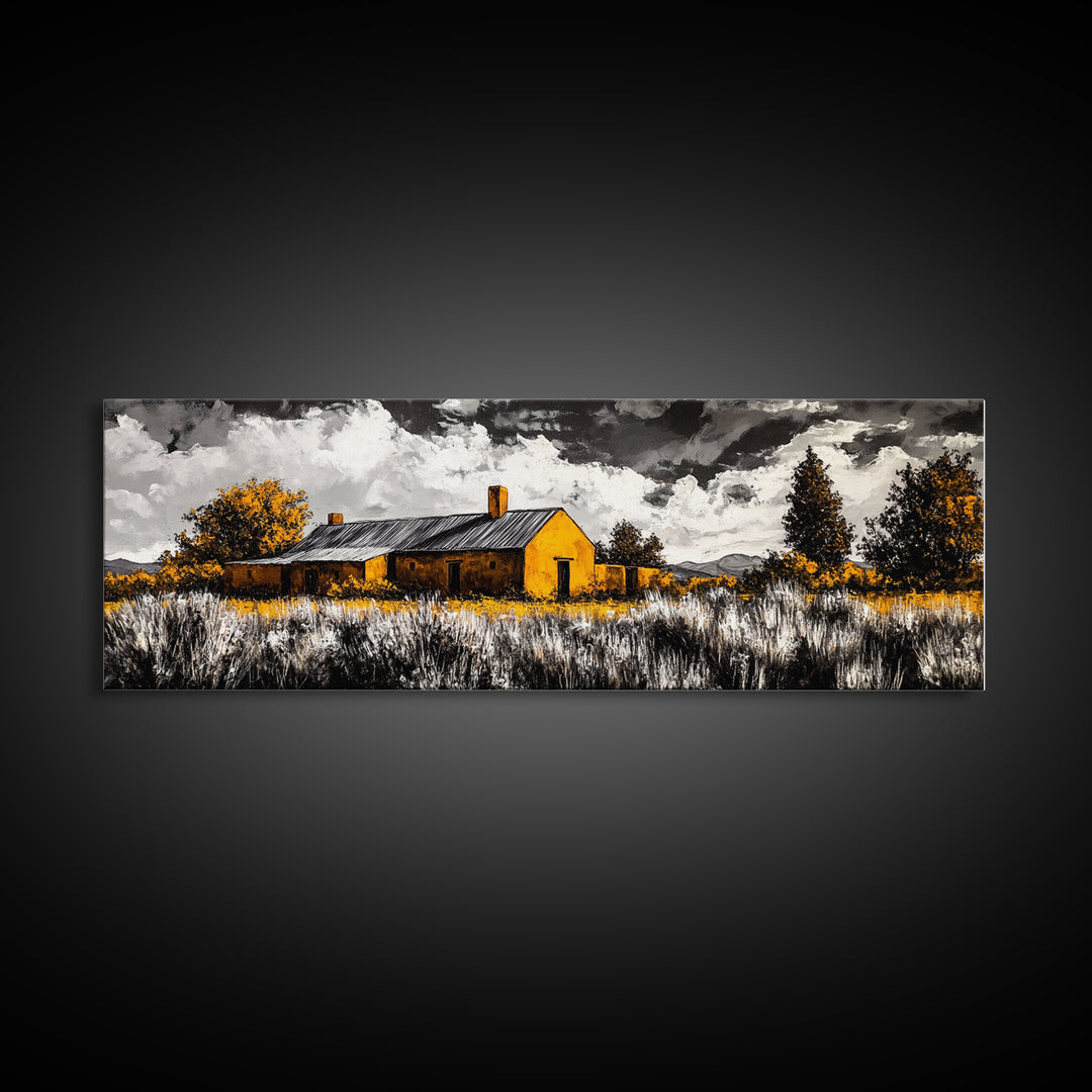 Adobe House, southwest wall art, rustic decor, farmhouse art, warm tones, panoramic art, moody art, extra wide art, framed canvas print