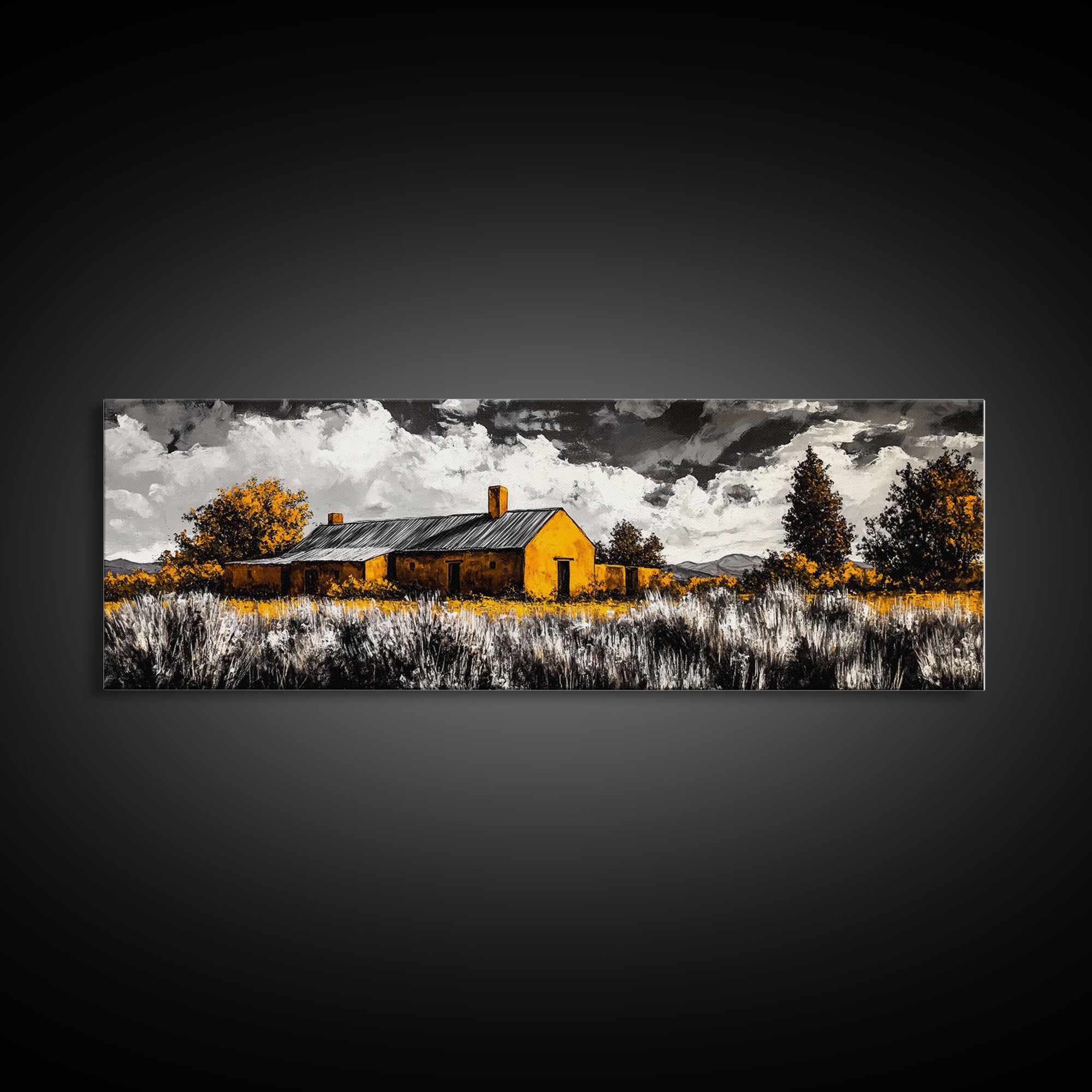 Adobe House, southwest wall art, rustic decor, farmhouse art, warm tones, panoramic art, moody art, extra wide art, framed canvas print