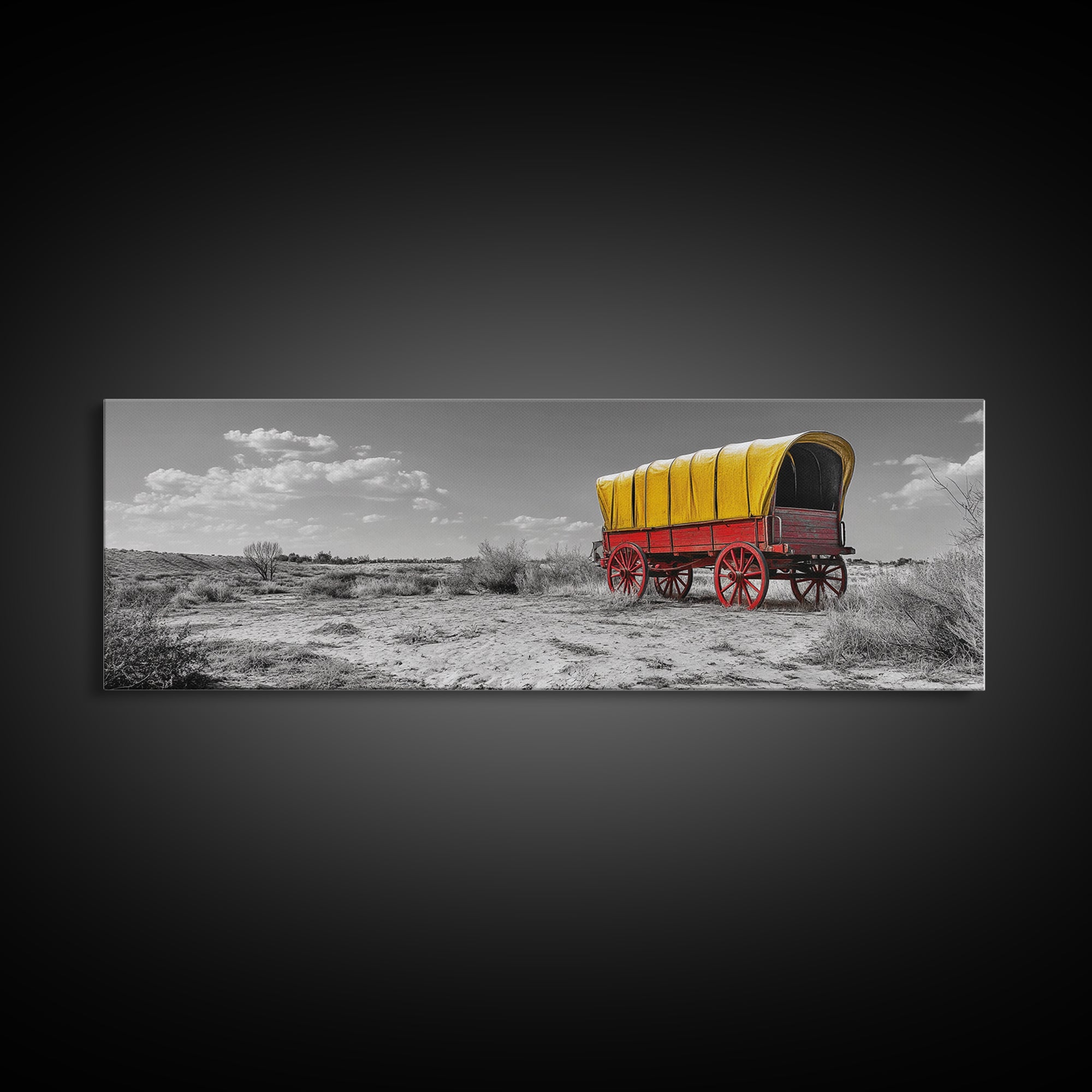 Covered Wagon, Pioneer Art, Old West Decor, Historical Wall Art, Rustic Decor, Landscape Painting, Panoramic Art, Framed Canvas Print