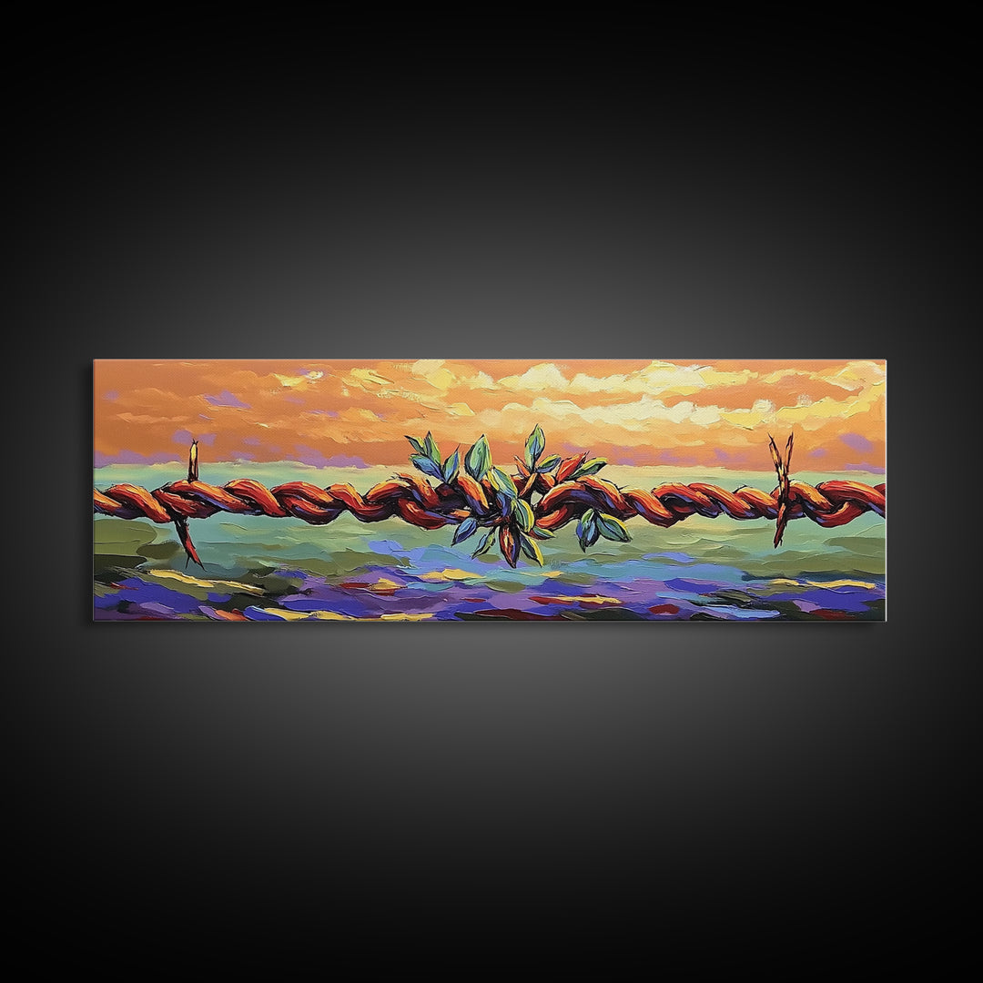 Barbed Wire Sunset, rustic wall art, southwest wall art, vibrant painting, western decor, long narrow wall art, framed canvas print