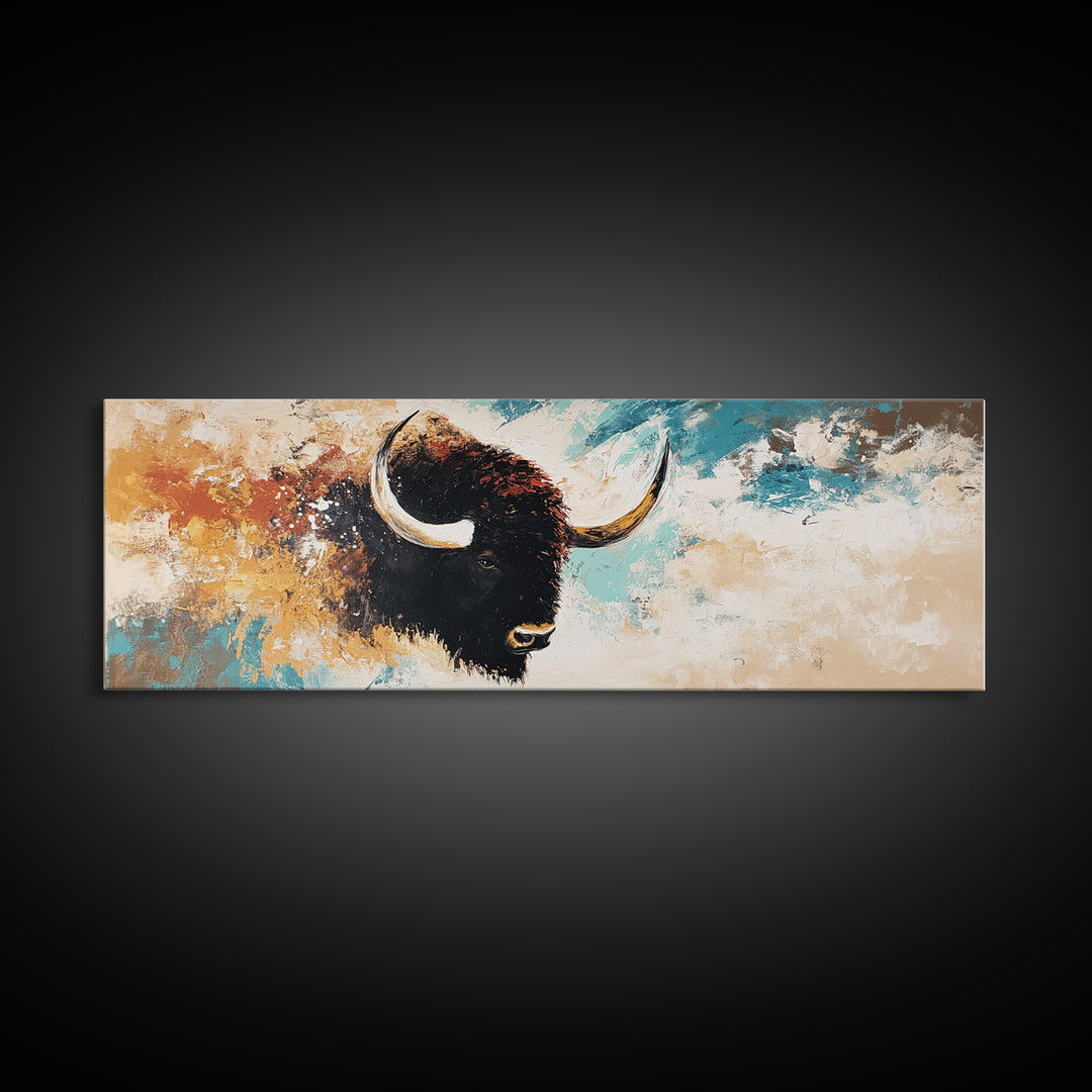 Black and White Buffalo, western wall art, rustic decor, extra wide art, moody art, minimalist painting, framed canvas print, farmhouse art