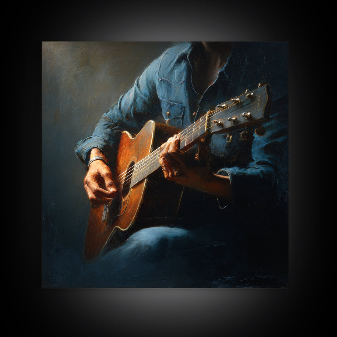 Musician Hands on Guitar Strings Canvas Print, Recording Studio Art, Music Wall Art, Studio Decor, Oil Painting, Analog, RSA-1x1-15