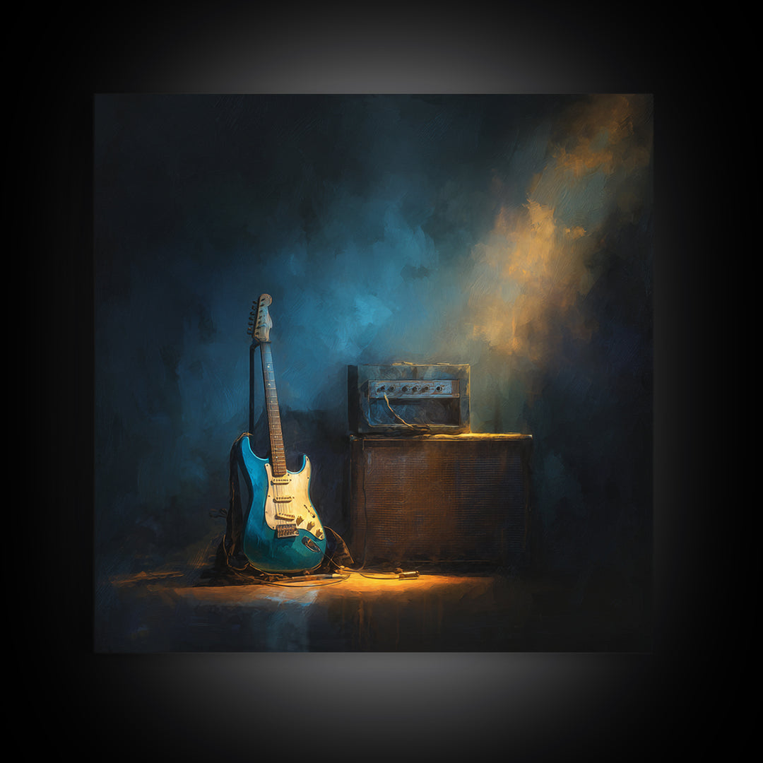Electric Guitar Beside a Studio Amp Framed Canvas Print, Recording Studio Art, Wall Sculpture, Studio Decor, Oil Painting, RSA-1x1-28