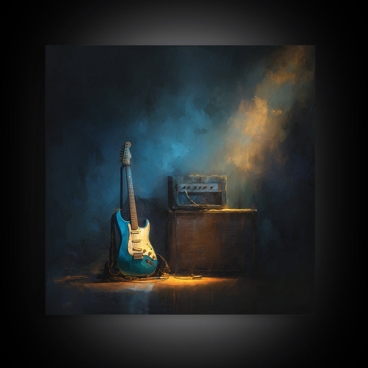 Electric Guitar Beside a Studio Amp Framed Canvas Print, Recording Studio Art, Wall Sculpture, Studio Decor, Oil Painting, RSA-1x1-28