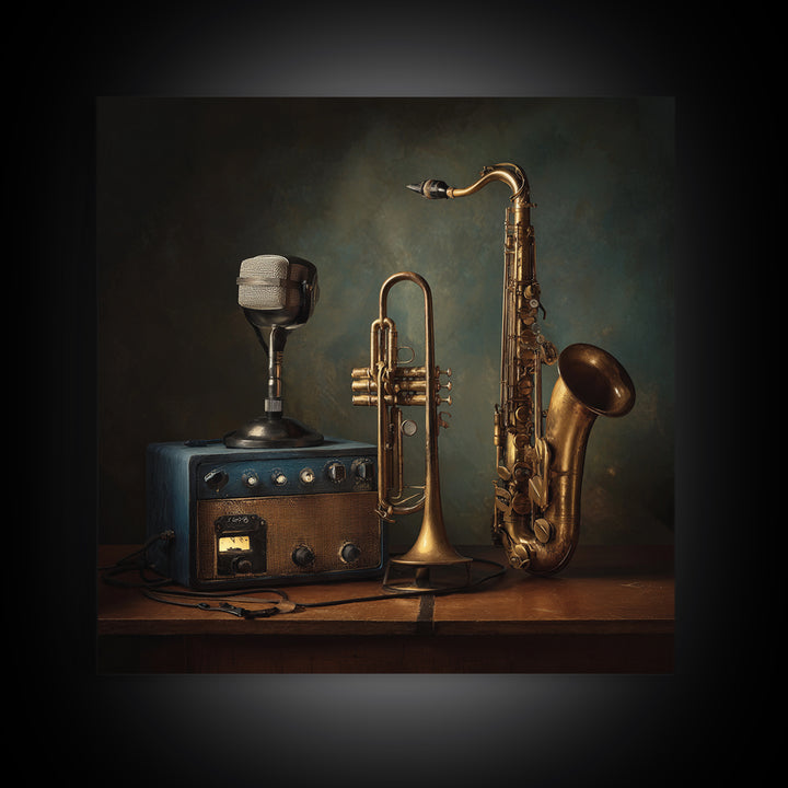 Jazz Trumpet and Microphone Still Life Canvas Print, Recording Studio Art, Unique Home Decor, Studio Decor, Fine Art, Analog, RSA-1x1-31