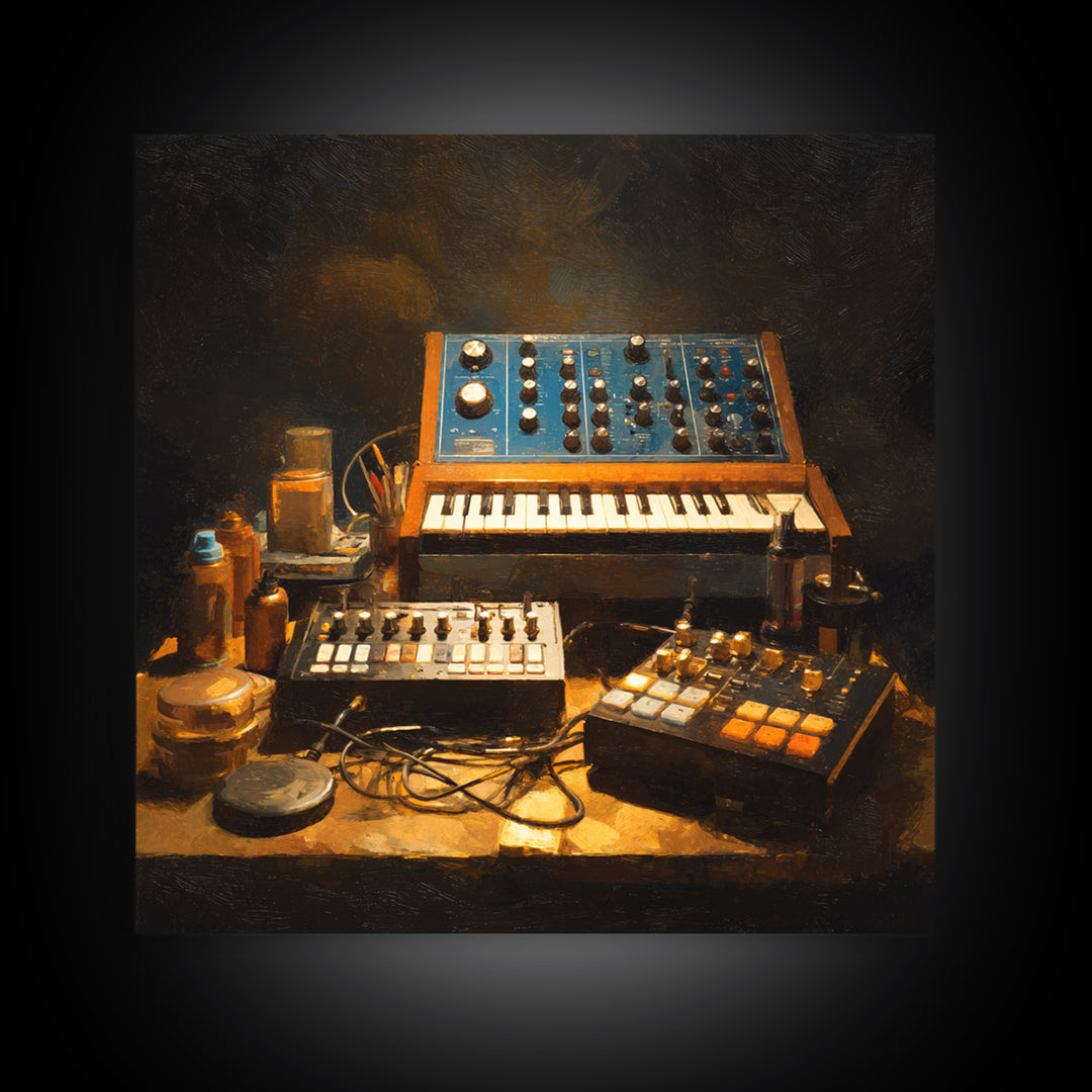 Analog Synthesizer Knobs and Cables Framed Canvas Print, Recording Studio Art, Downloadable Print, Studio Decor, Oil Painting, RSA-1x1-37