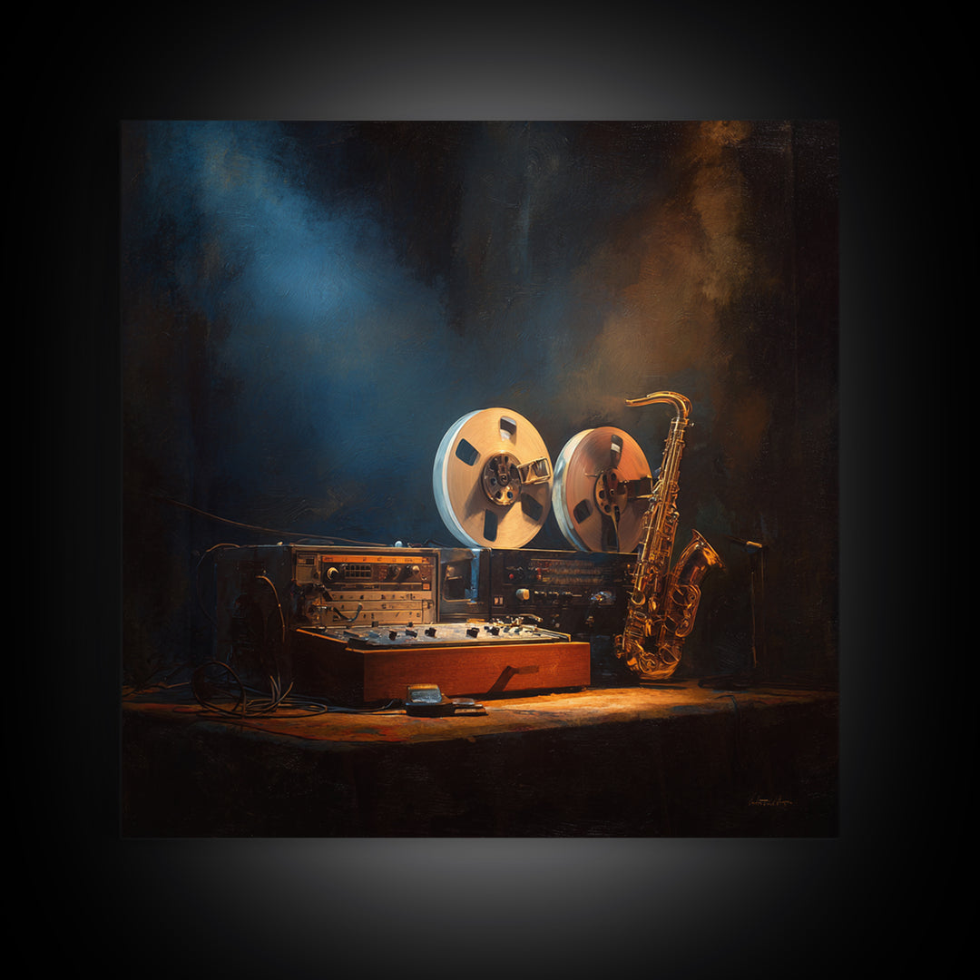 Tape Reels Spinning Through Smoky Light Canvas Print, Recording Studio Art, Black and White Art, Studio Decor, Analog, RSA-1x1-43