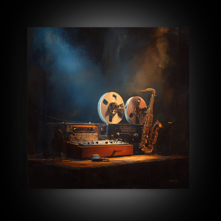 Tape Reels Spinning Through Smoky Light Canvas Print, Recording Studio Art, Black and White Art, Studio Decor, Analog, RSA-1x1-43