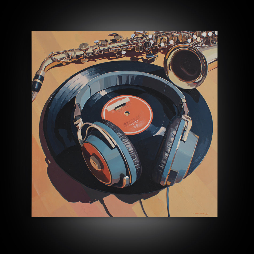 Headphones Resting on a Vinyl Record Canvas Print, Recording Studio Art, Headphones Poster, Studio Decor, Fine Art, Analog, RSA-1x1-5