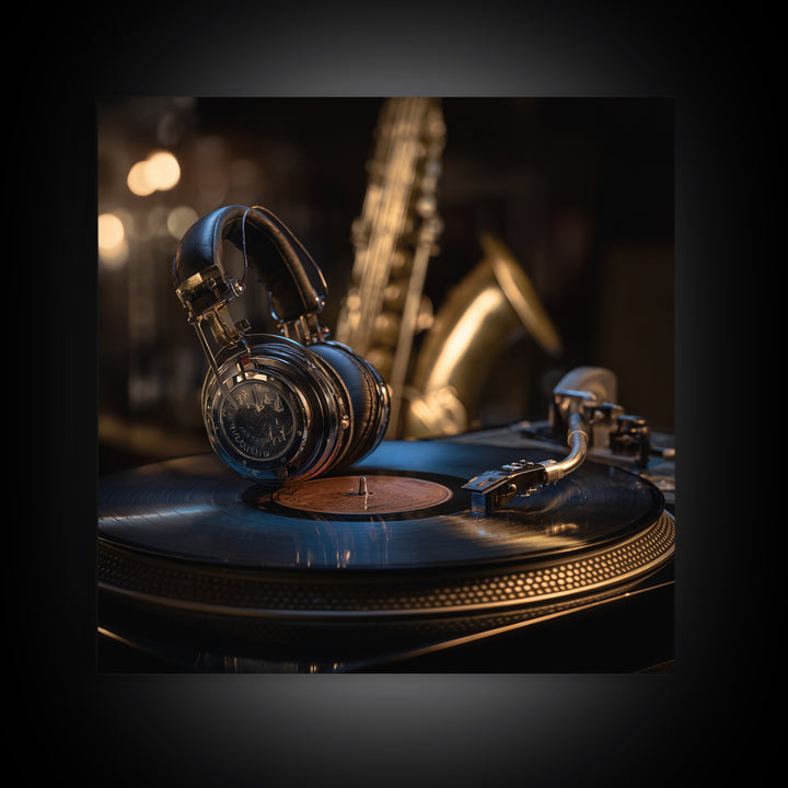 Headphones Resting on a Vinyl Record Framed Canvas Print, Recording Studio Art, Music Room Decor, Studio Decor, Analog, RSA-1x1-53