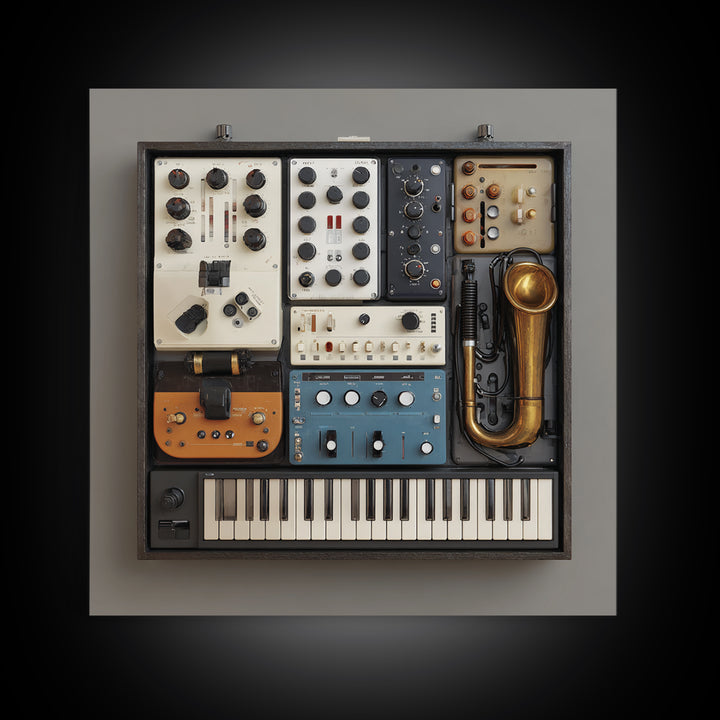 Analog Synthesizer Knobs and Cables Framed Canvas Print, Recording Studio Art, Downloadable Print, Studio Decor, Oil Painting, RSA-1x1-61
