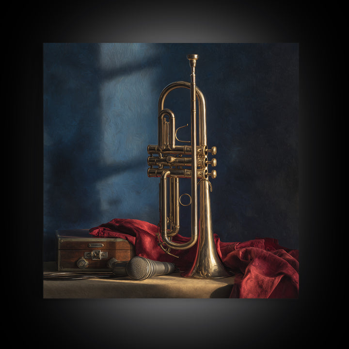Jazz Trumpet and Microphone Still Life Framed Canvas Print, Recording Studio Art, Retro Wall Art, Studio Decor, Analog, RSA-1x1-7