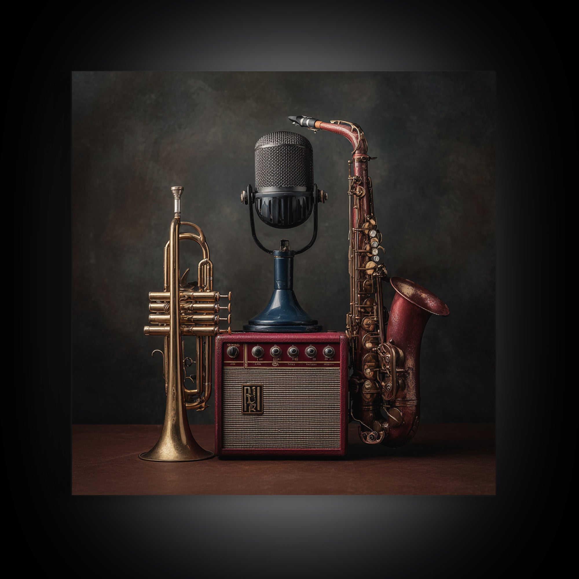 Jazz Trumpet and Microphone Still Life Framed Canvas Print, Recording Studio Art, Gallery Decor, Studio Decor, Oil Painting, RSA-1x1-79