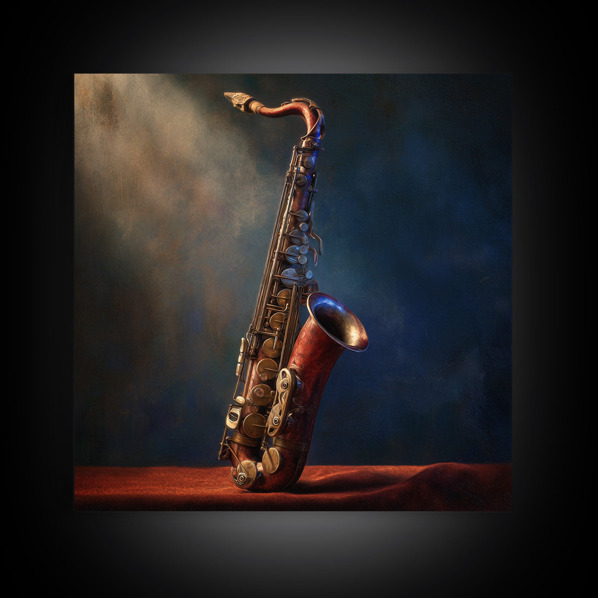 Brass Saxophone on Dark Velvet Framed Canvas Print, Recording Studio Art, Art Print, Studio Decor, Analog, Wall Sculpture, RSA-1x1-88