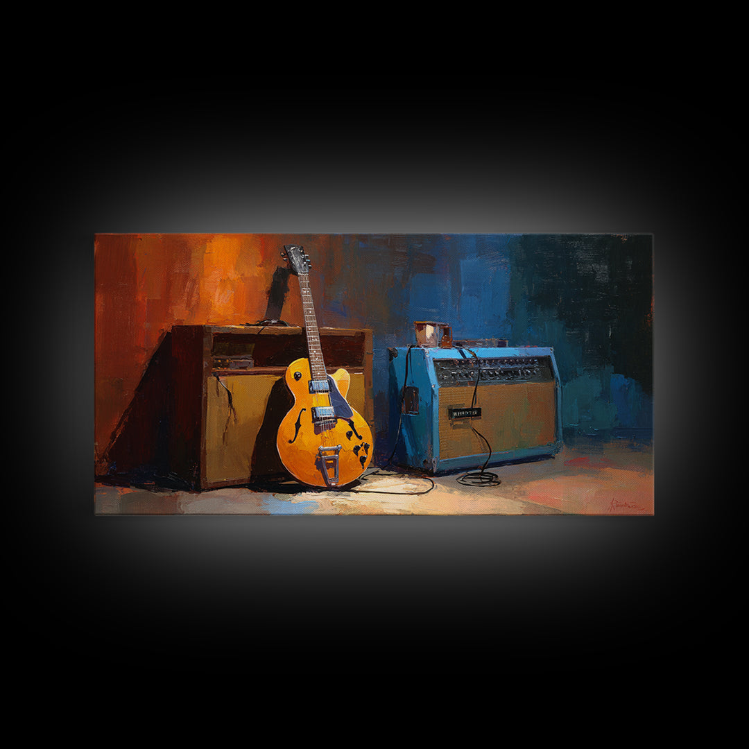 Electric Guitar Beside a Studio Amp Framed Canvas Print, Recording Studio Art, Textured Painting, Studio Decor, Analog, RSA-2x1-24