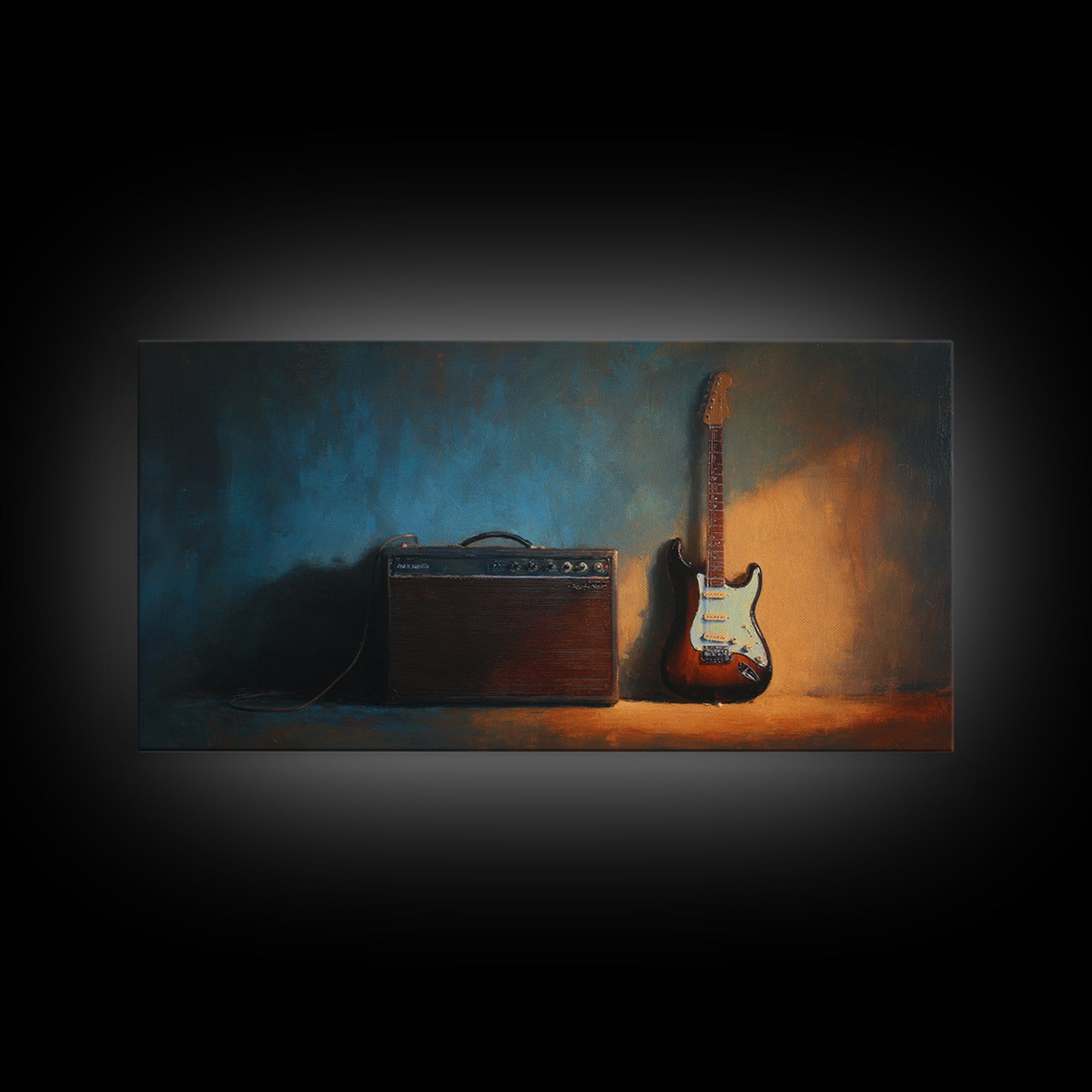 Electric Guitar Beside a Studio Amp Framed Canvas Print, Recording Studio Art, Dtf Prints, Studio Decor, Fine Art, Analog, RSA-2x1-72