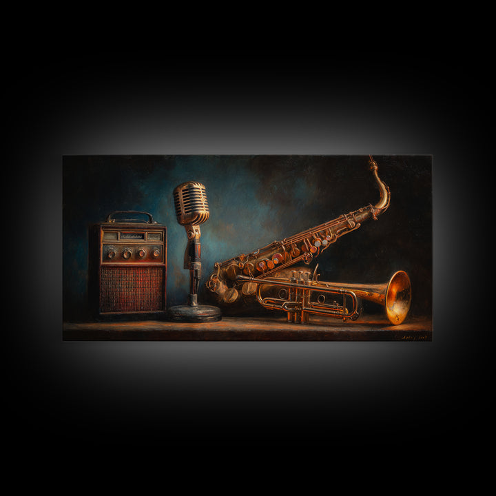 Jazz Trumpet and Microphone Still Life Framed Canvas Print, Recording Studio Art, Neutral Decor, Studio Decor, Fine Art, Analog, RSA-2x1-75