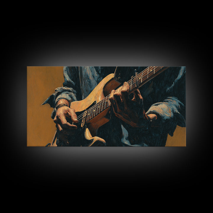 Musician Hands on Guitar Strings Framed Canvas Print, Recording Studio Art, Room Decor, Studio Decor, Fine Art, Analog, RSA-2x1-83