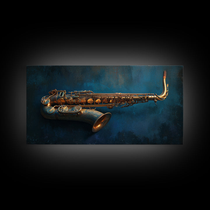 Brass Saxophone on Dark Velvet Framed Canvas Print, Recording Studio Art, Kids Room Art, Studio Decor, Fine Art, Analog, RSA-2x1-84