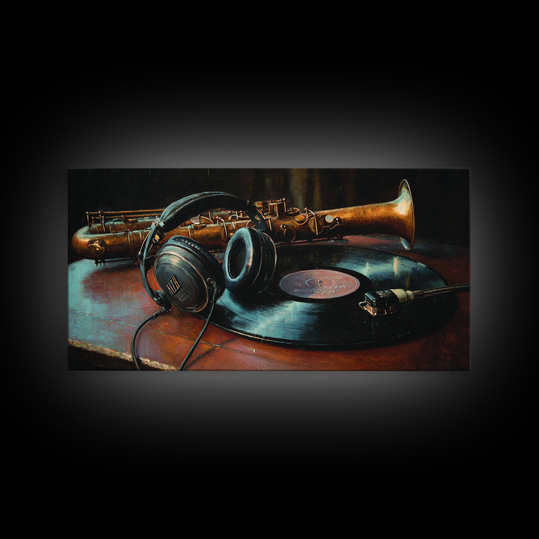 Headphones Resting on a Vinyl Record Framed Canvas Print, Recording Studio Art, Modern Wall Art, Studio Decor, Fine Art, Analog, RSA-2x1-97
