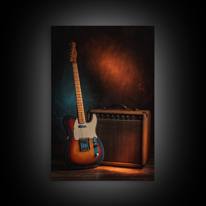 Electric Guitar Beside a Studio Amp Framed Canvas Print, Recording Studio Art, Fine Art Print, Studio Decor, Oil Painting, RSA-2x3-12