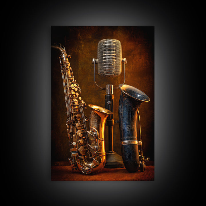 Jazz Trumpet and Microphone Still Life Canvas Print, Recording Studio Art, Youtube Studio Decor, Studio Decor, Fine Art, Analog, RSA-2x3-15
