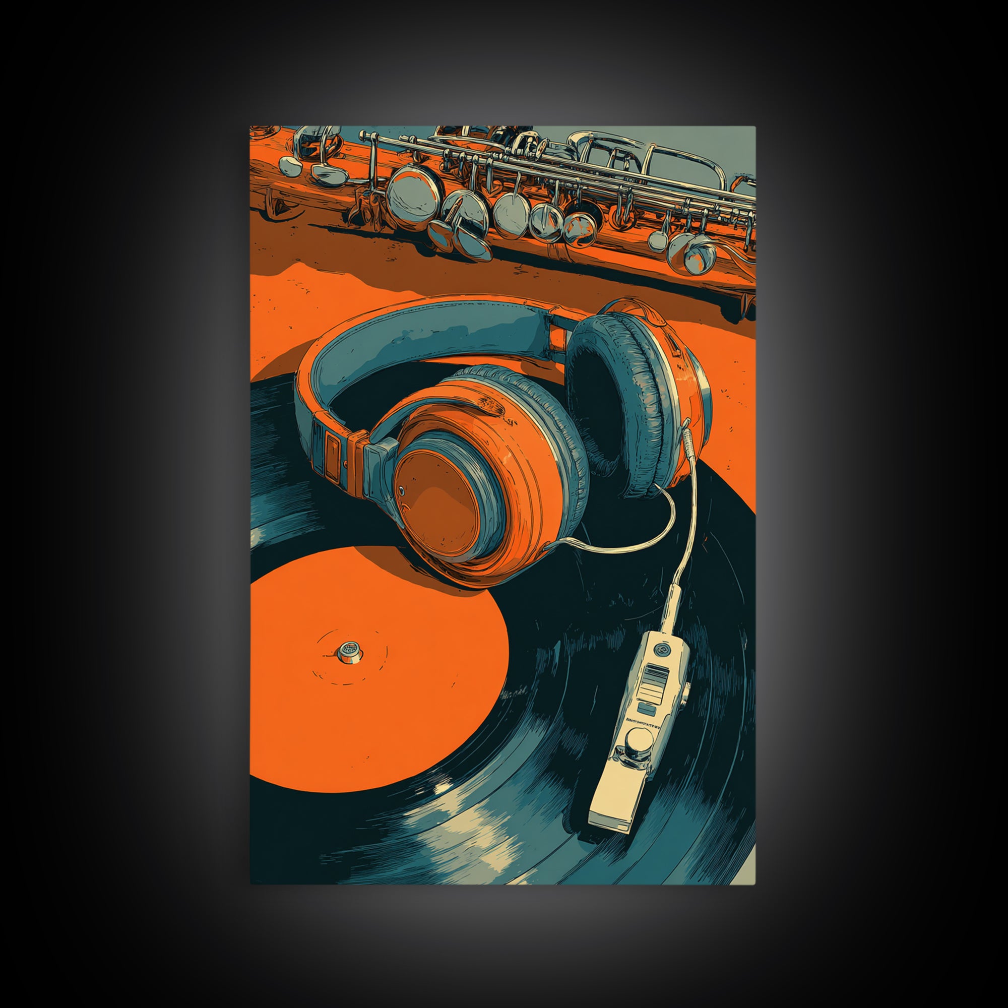 Headphones Resting on a Vinyl Record Framed Canvas Print, Recording Studio Art, Room Decor, Studio Decor, Fine Art, Analog, RSA-2x3-37