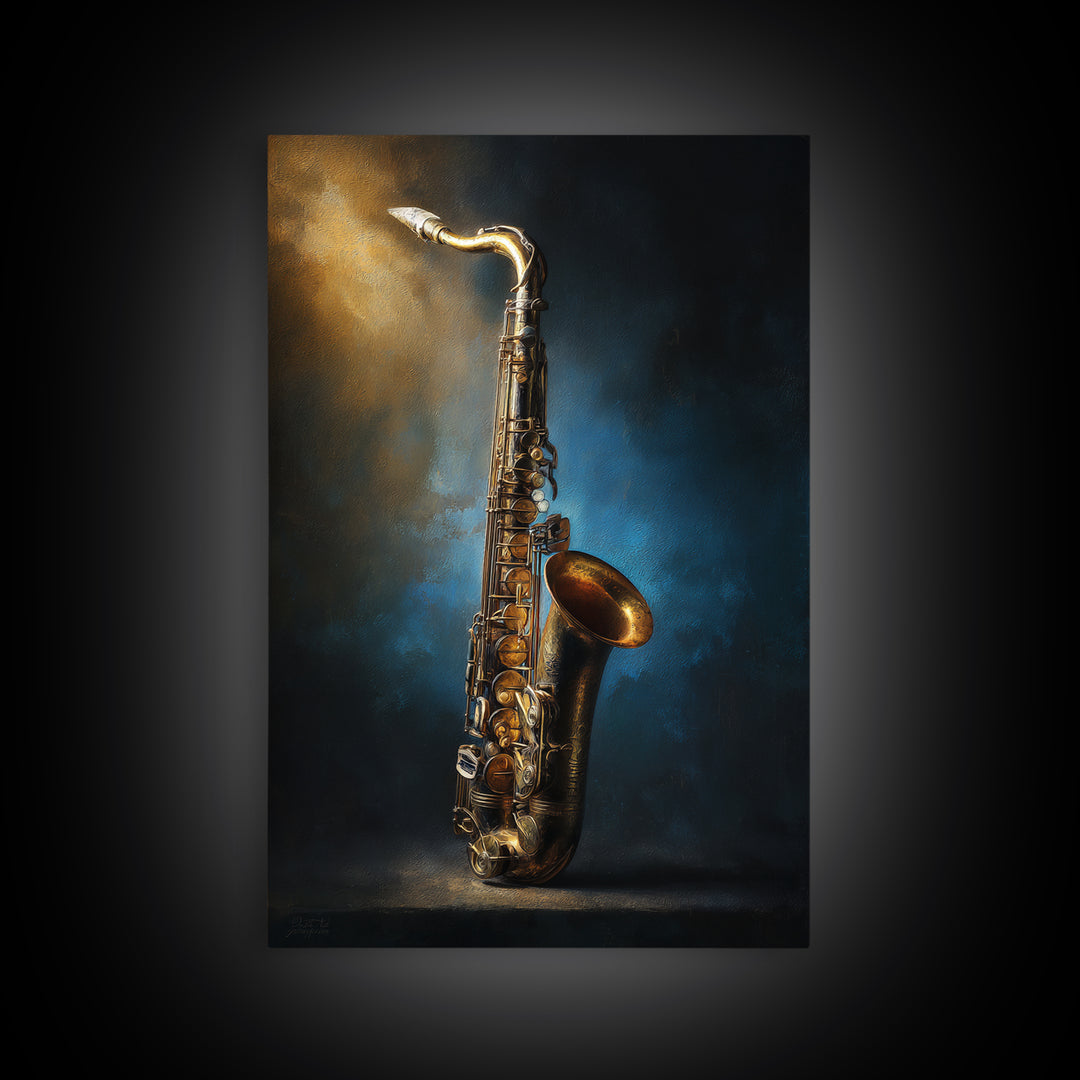 Brass Saxophone on Dark Velvet Canvas Print, Recording Studio Art, Neutral Decor, Studio Decor, Oil Painting, Analog, RSA-2x3-72