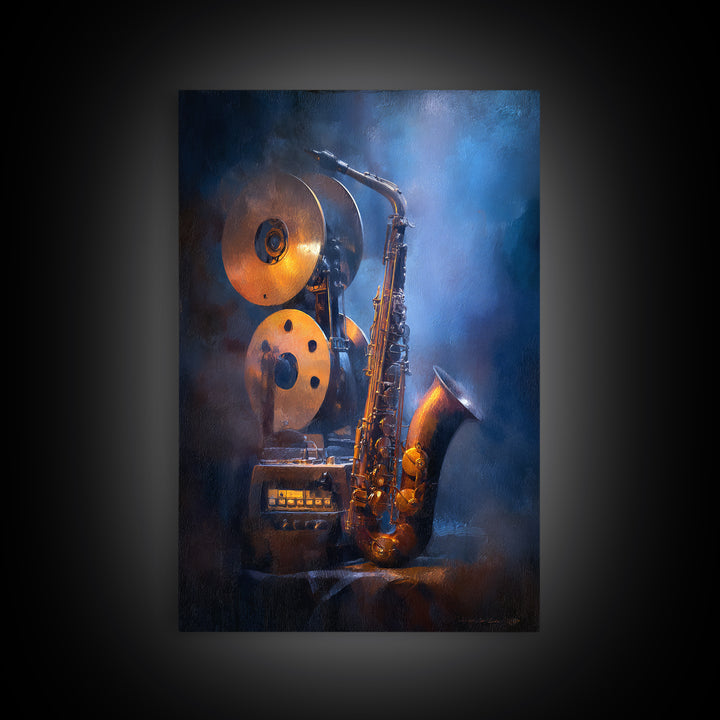 Tape Reels Spinning Through Smoky Light Framed Canvas Print, Recording Studio Art, Room Decor, Studio Decor, Fine Art, Analog, RSA-2x3-75
